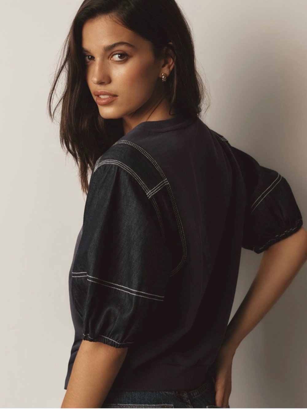 Pilcro Anthropologie Denim Sleeve Twofer Sweatshirt Small Puff Sleeve Top Fall - Picture 3 of 6